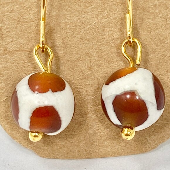 Murano Style Art Glass Bead Earrings Brown White Gold Plated Zebra Cow Pattern - Picture 3 of 7